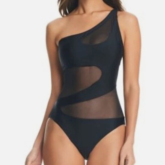 NWT! Bar III Black Natural Beauty Mesh Inset One Shoulder One Piece Swimsuit NEW - Picture 1 of 4